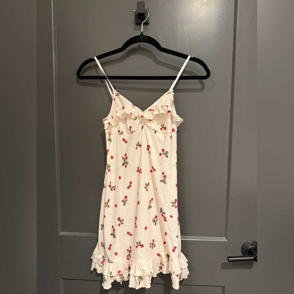 Women's Cream Cherry Print Ruffle Slip Dress